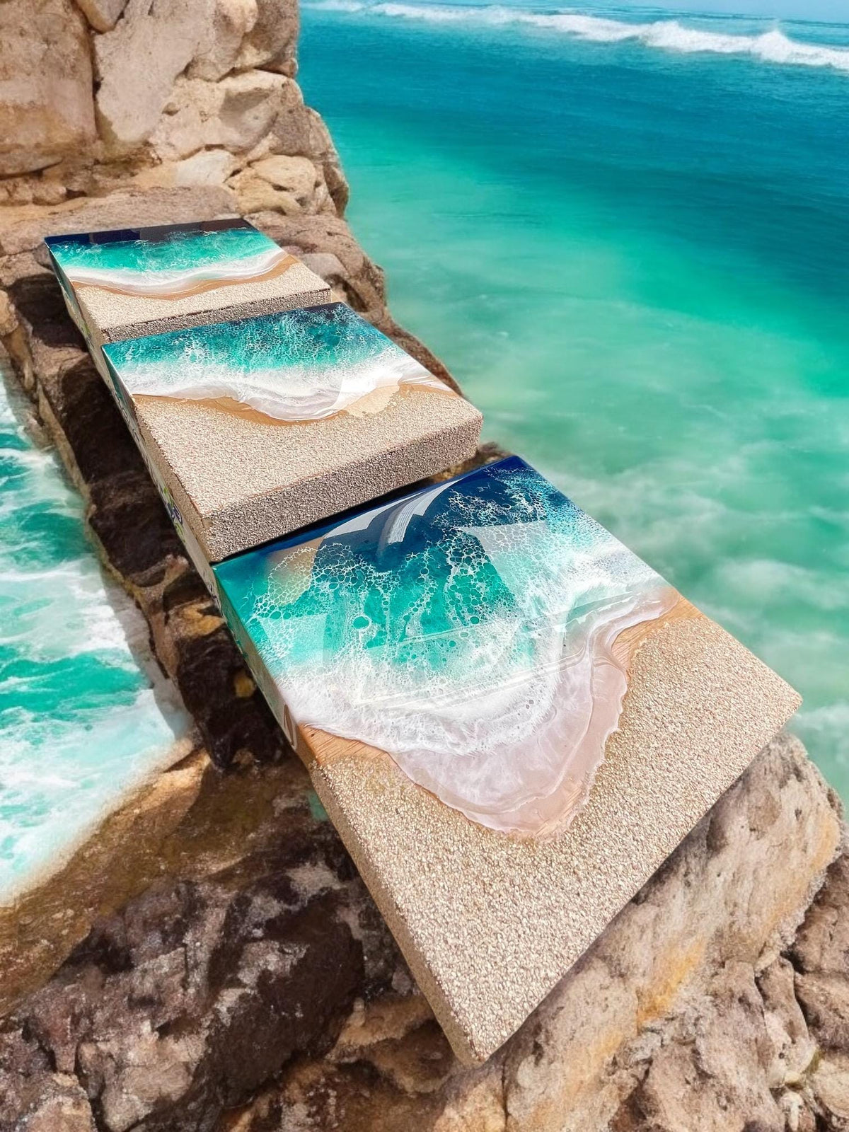 3D Resin Beach Art: Ocean Scene with Real Sand (20cm)