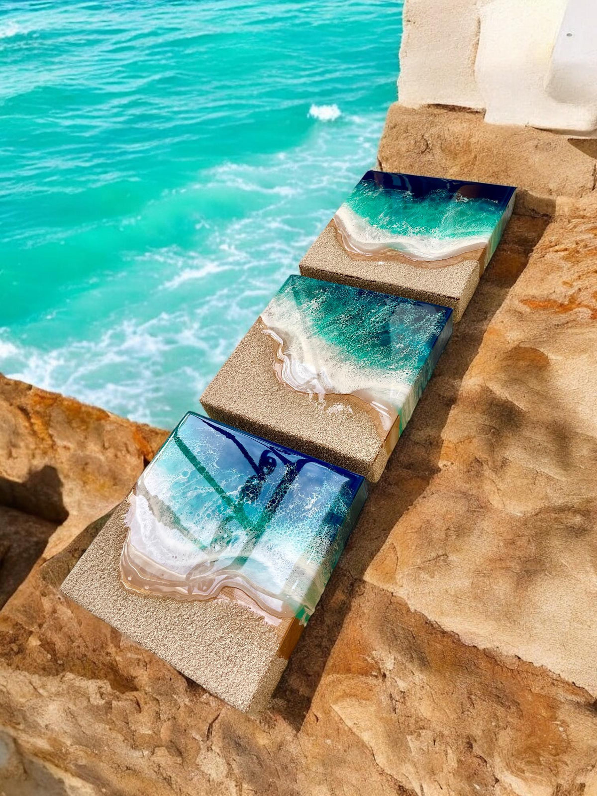 3D Resin Beach Art: Ocean Scene with Real Sand (20cm)