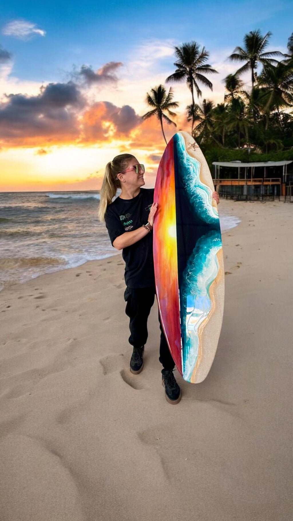 Luxury Resin Surfboard Wall Art – Sunset Ocean Statement Piece – Handmade Coastal Art Decor – Large Surfboard Wall Sculpture – Beach House