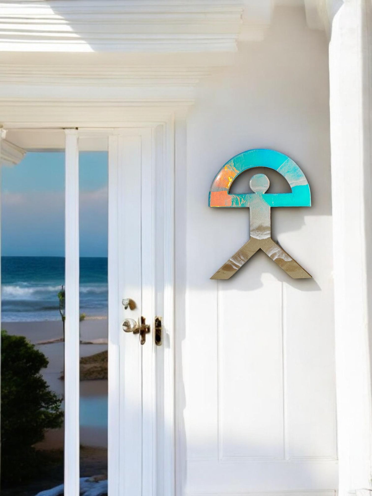 Small Iridescent Indalo Wall Decor 30 cm – Handmade Resin Good Luck Symbol | Spanish Protection Charm | Coastal Home Gift