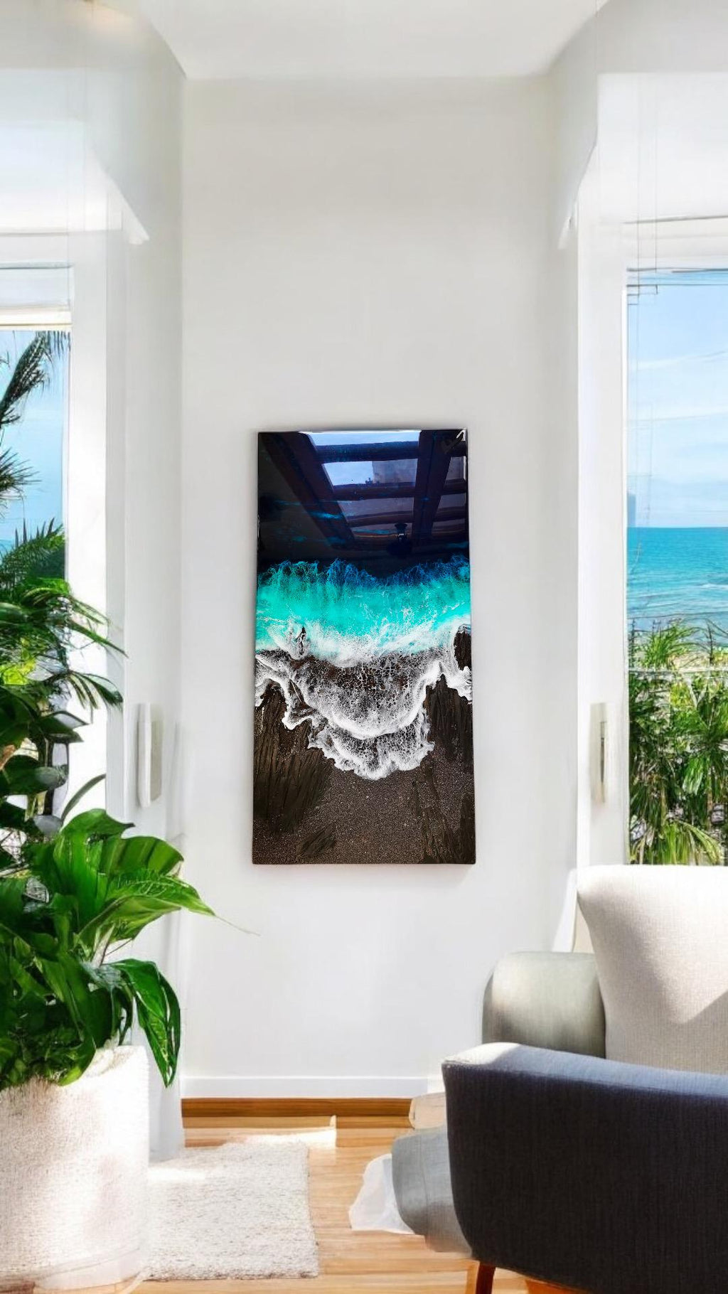 Large Black Sand Ocean Resin Art – Dramatic Wave Wall Art – Modern Coastal Painting – Textured Epoxy Ocean Artwork – Large Statement Art