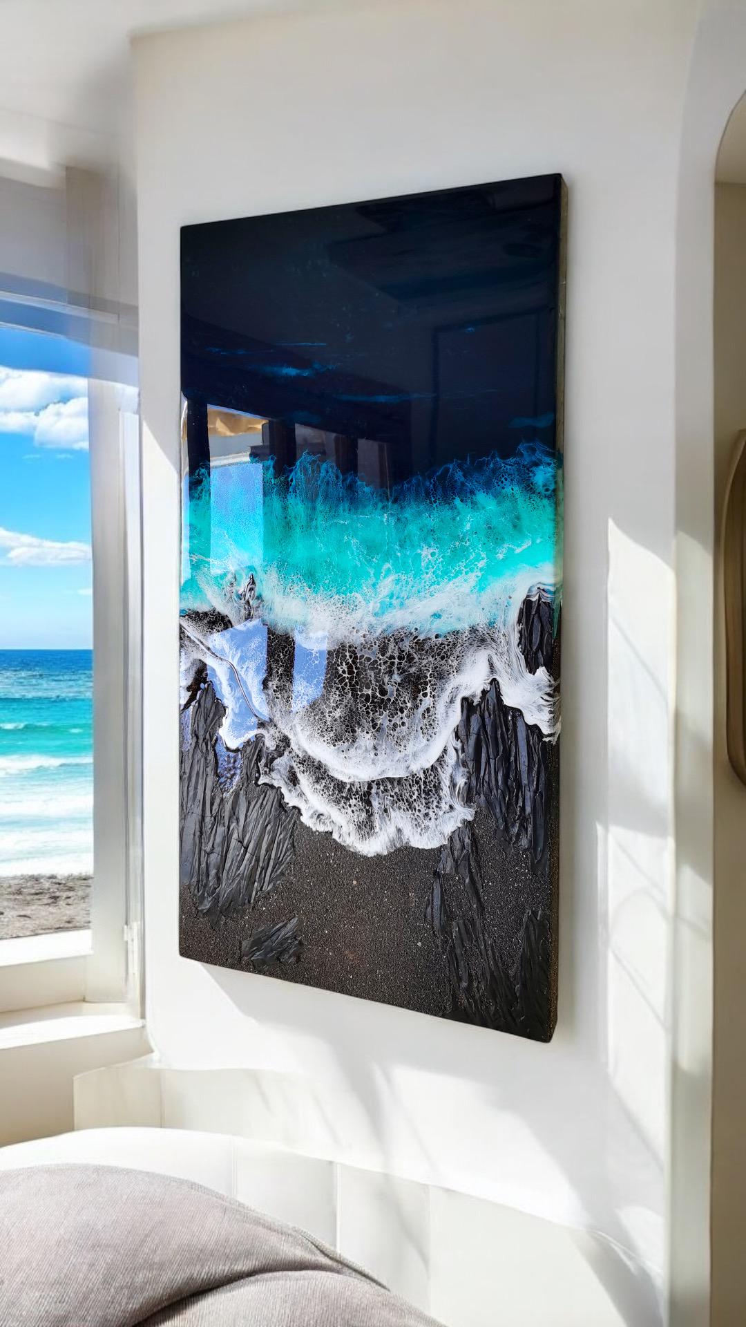 Black Sand Ocean Resin Art – Dramatic Wave Wall Art – Modern Coastal Painting – Textured Epoxy Ocean Artwork – Large Statement Wall Decor