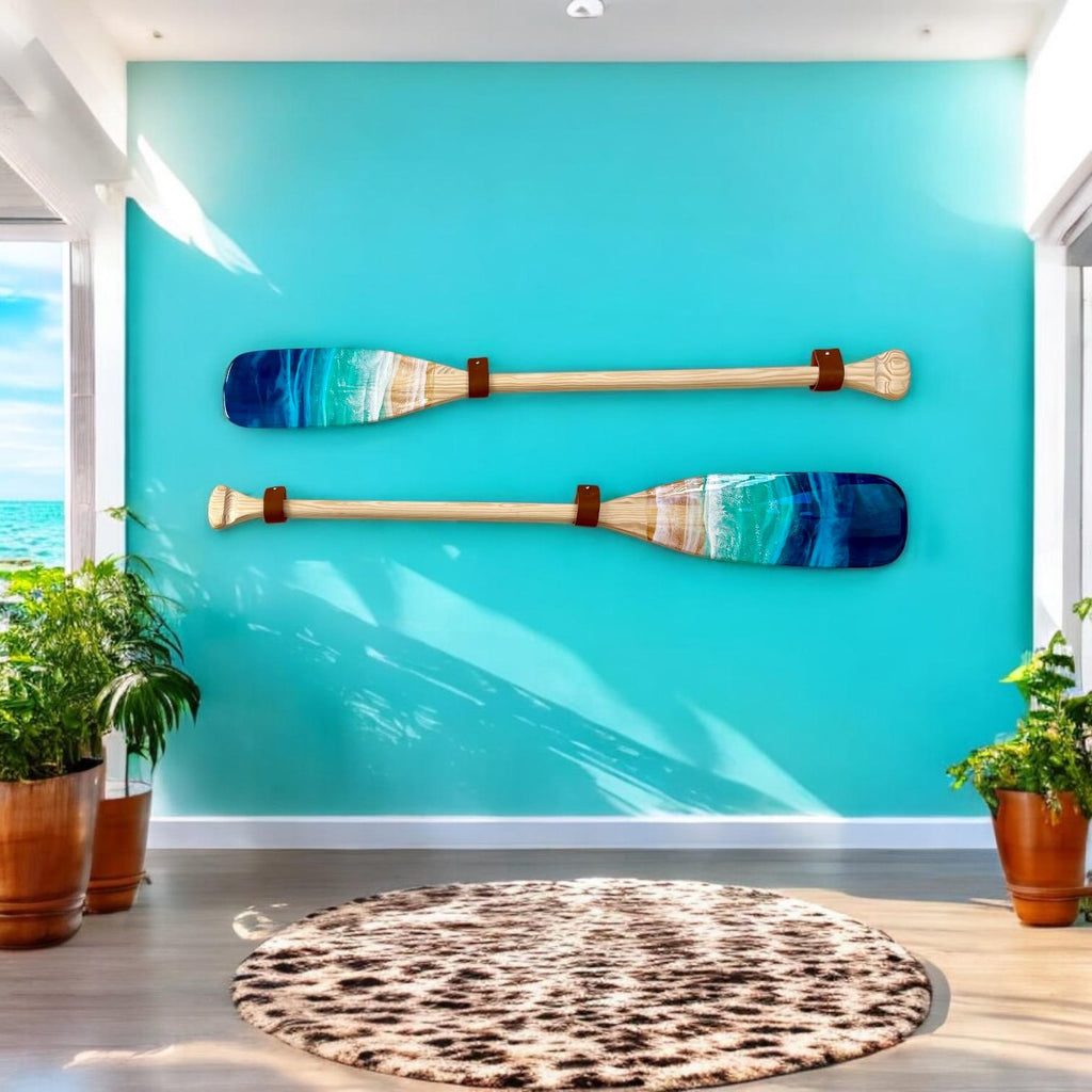 Personalised Resin Ocean Paddle 120cm Wall Art | Engraved Wooden Oar with Ocean Waves | Custom Beach House Decor | Coastal Gift