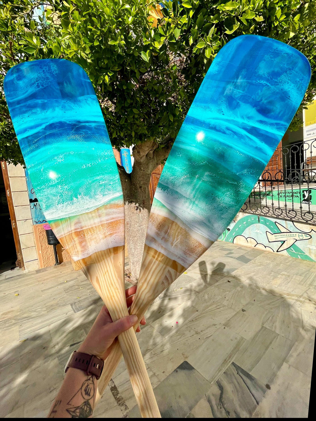 Personalised Resin Ocean Paddle 120cm Wall Art | Engraved Wooden Oar with Ocean Waves | Custom Beach House Decor | Coastal Gift