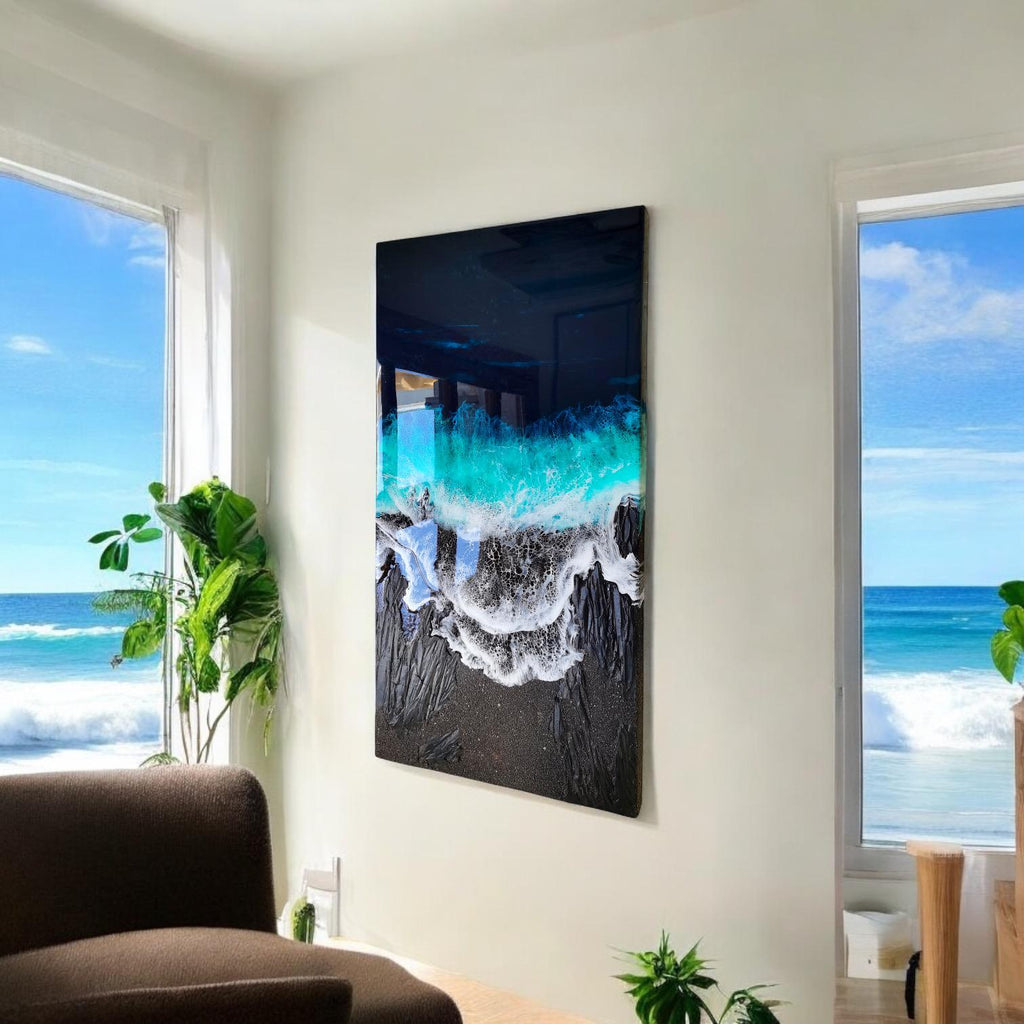 Medium Black Sand Ocean Resin Art – Dramatic Wave Wall Art – Modern Coastal Painting – Textured Epoxy Ocean Artwork – Large Statement Art