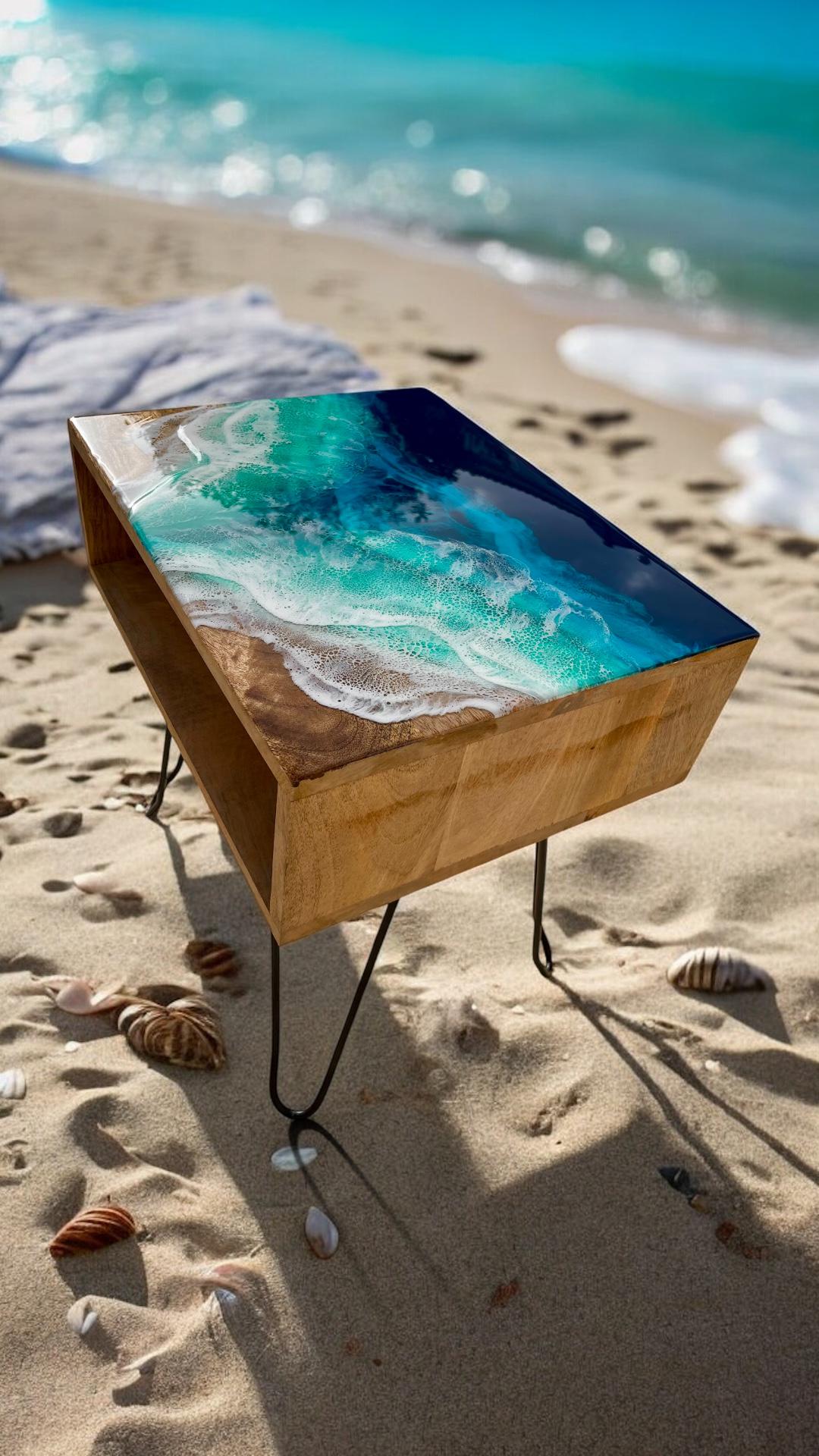 Handmade Ocean Resin Bedside Table – Wooden Nightstand with Resin Top