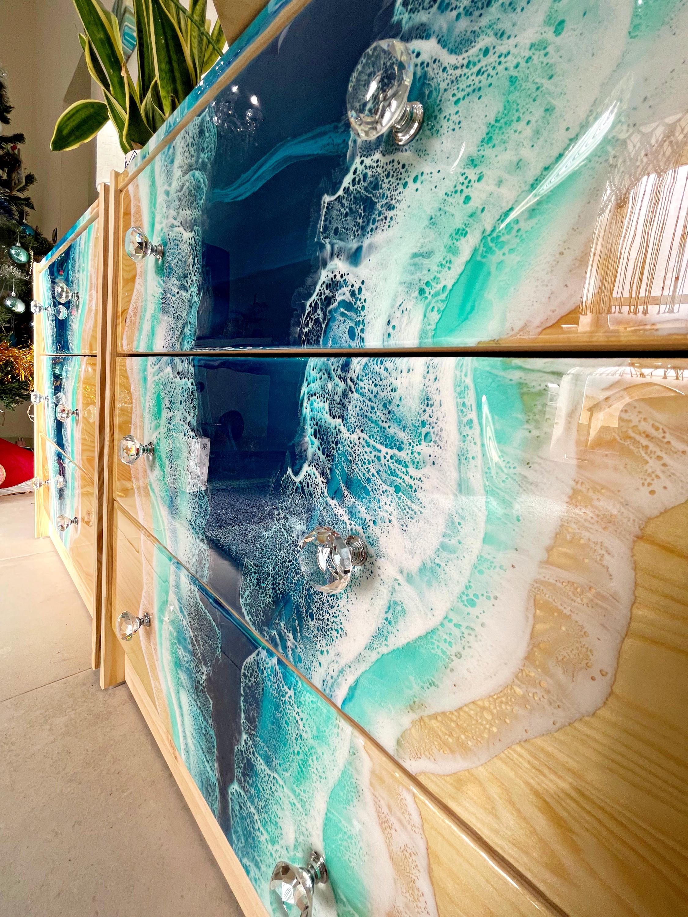 Handmade Ocean Resin Chest of Drawers – Coastal Storage Cabinet with Resin Waterfall Design, Functional Art Furniture