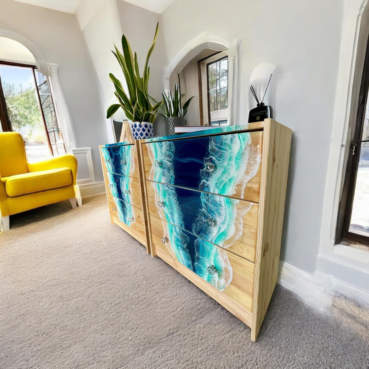 Handmade Ocean Resin Chest of Drawers – Coastal Storage Cabinet with Resin Waterfall Design, Functional Art Furniture