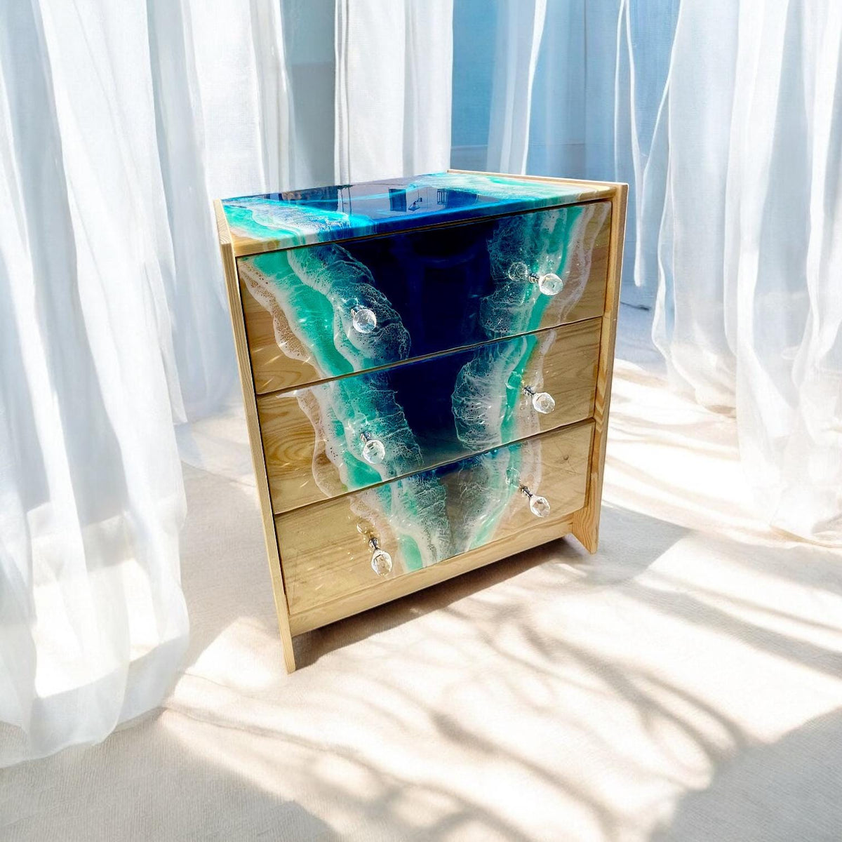 Handmade Ocean Resin Chest of Drawers – Coastal Storage Cabinet with Resin Waterfall Design, Functional Art Furniture