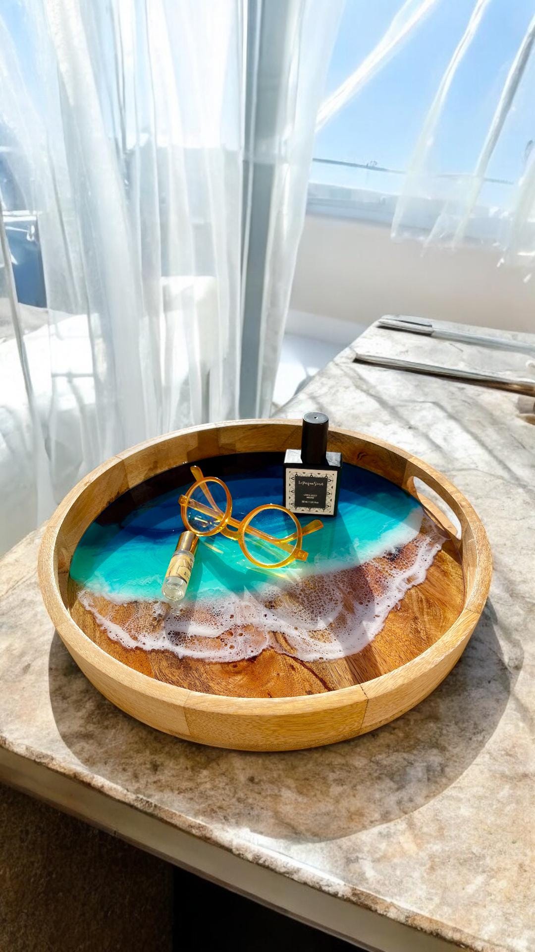 Acacia Wood Serving Tray: Resin Ocean Wave Art (30 cm)