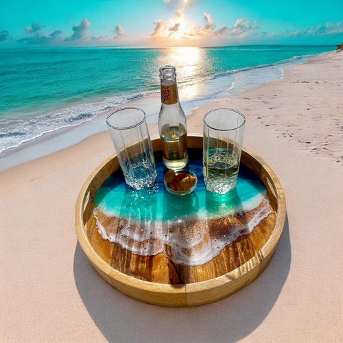 Acacia Wood Serving Tray: Resin Ocean Wave Art (30 cm)