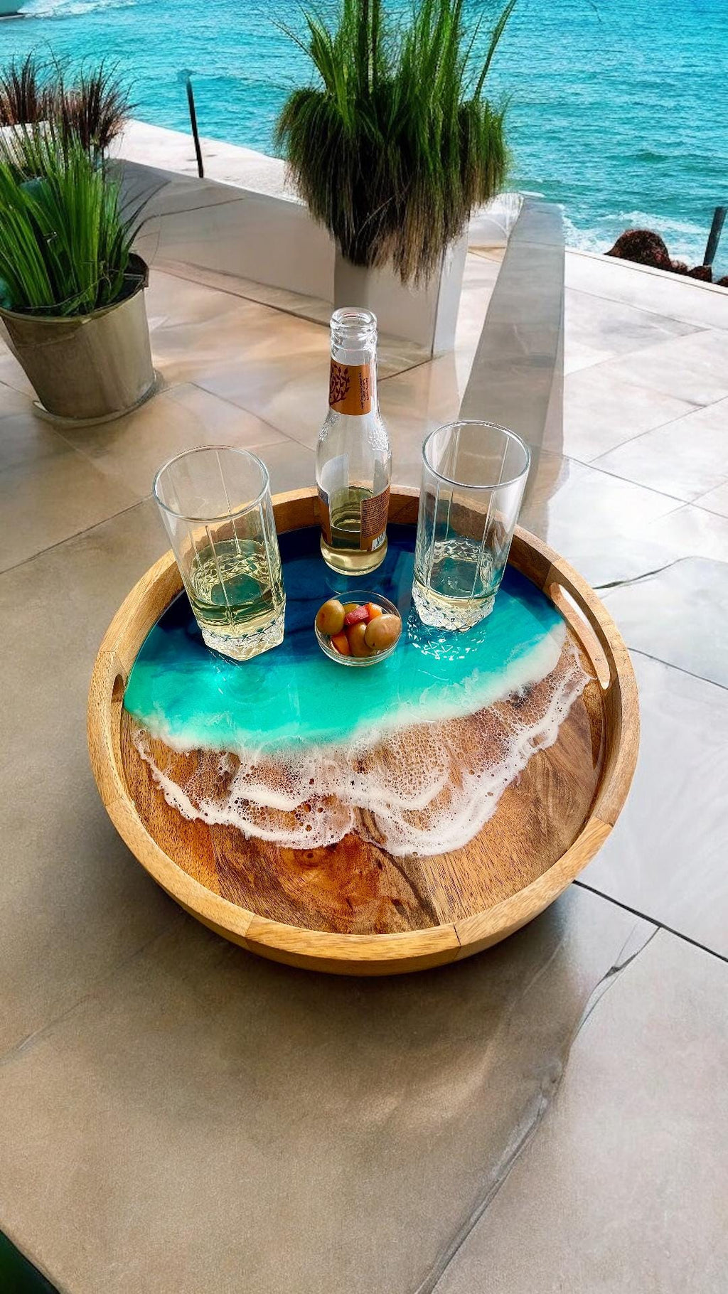 Acacia Wood Serving Tray: Resin Ocean Wave Art (30 cm)