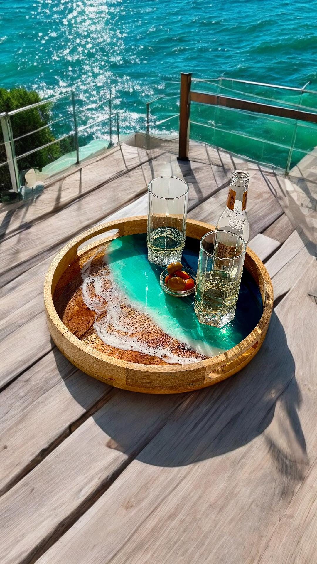 Acacia Wood Serving Tray: Resin Ocean Wave Art (30 cm)
