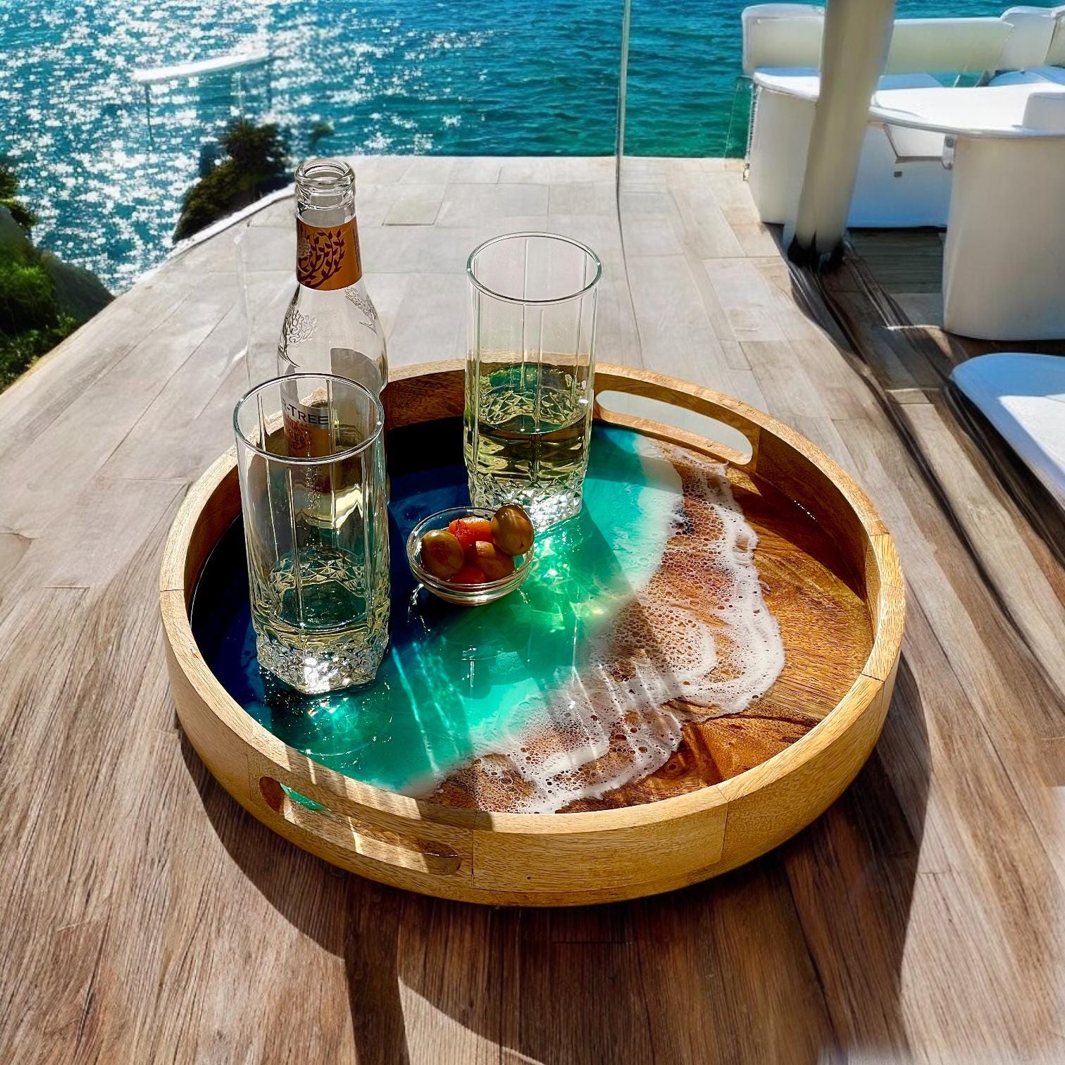 Acacia Wood Serving Tray: Resin Ocean Wave Art (30 cm)