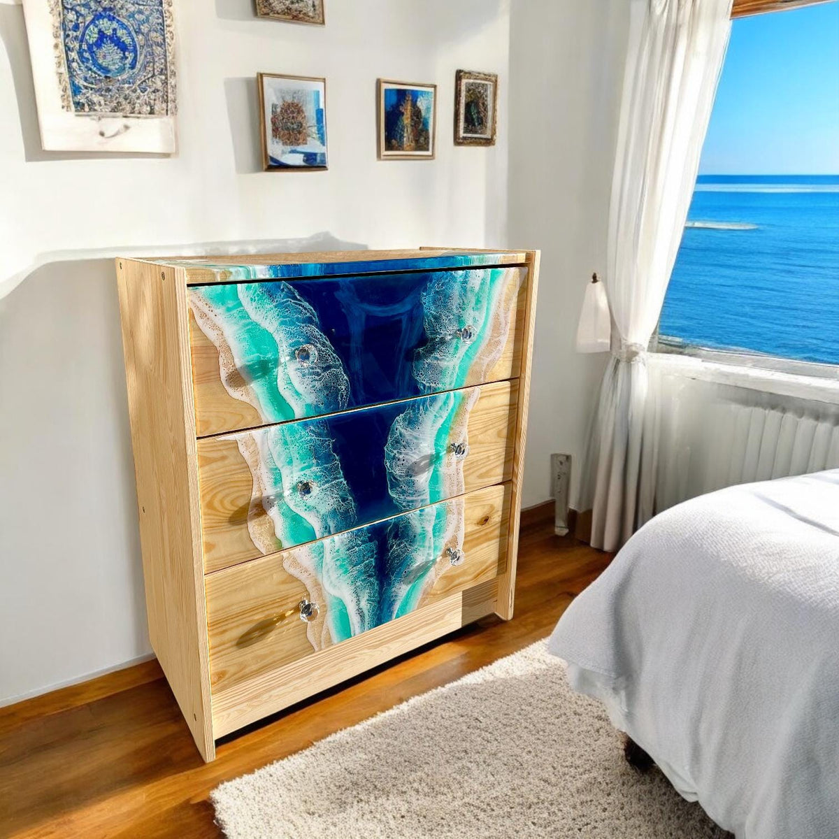 Handmade Ocean Resin Chest of Drawers – Coastal Storage Cabinet with Resin Waterfall Design, Functional Art Furniture