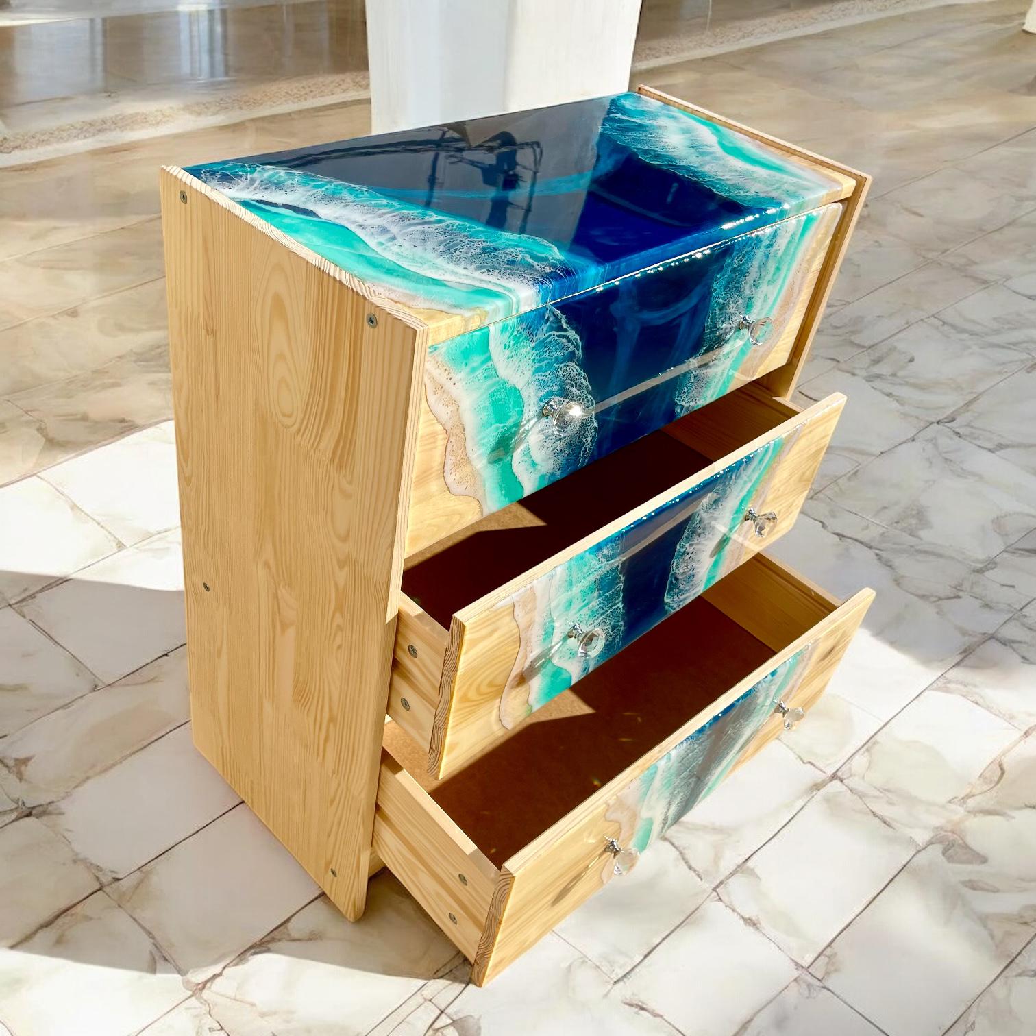 Handmade Ocean Resin Chest of Drawers – Coastal Storage Cabinet with Resin Waterfall Design, Functional Art Furniture
