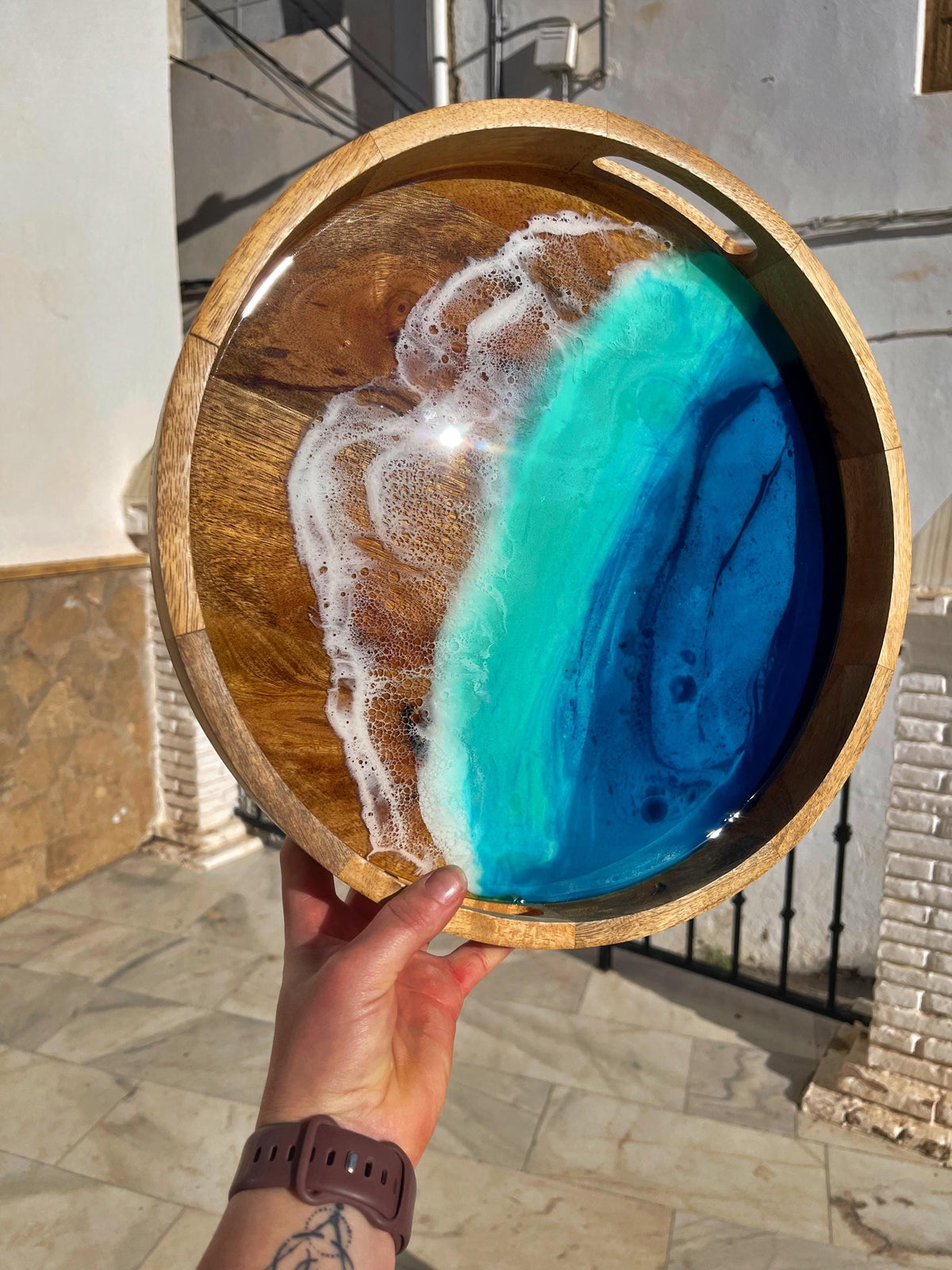 Acacia Wood Serving Tray: Resin Ocean Wave Art (30 cm)
