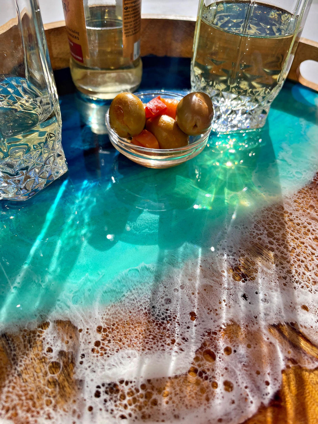 Acacia Wood Serving Tray: Resin Ocean Wave Art (30 cm)