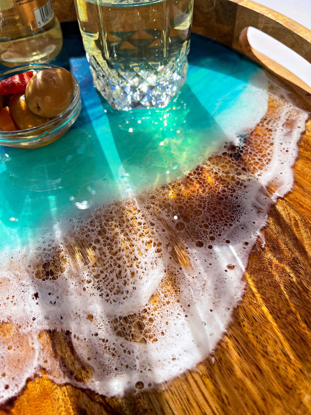 Acacia Wood Serving Tray: Resin Ocean Wave Art (30 cm)