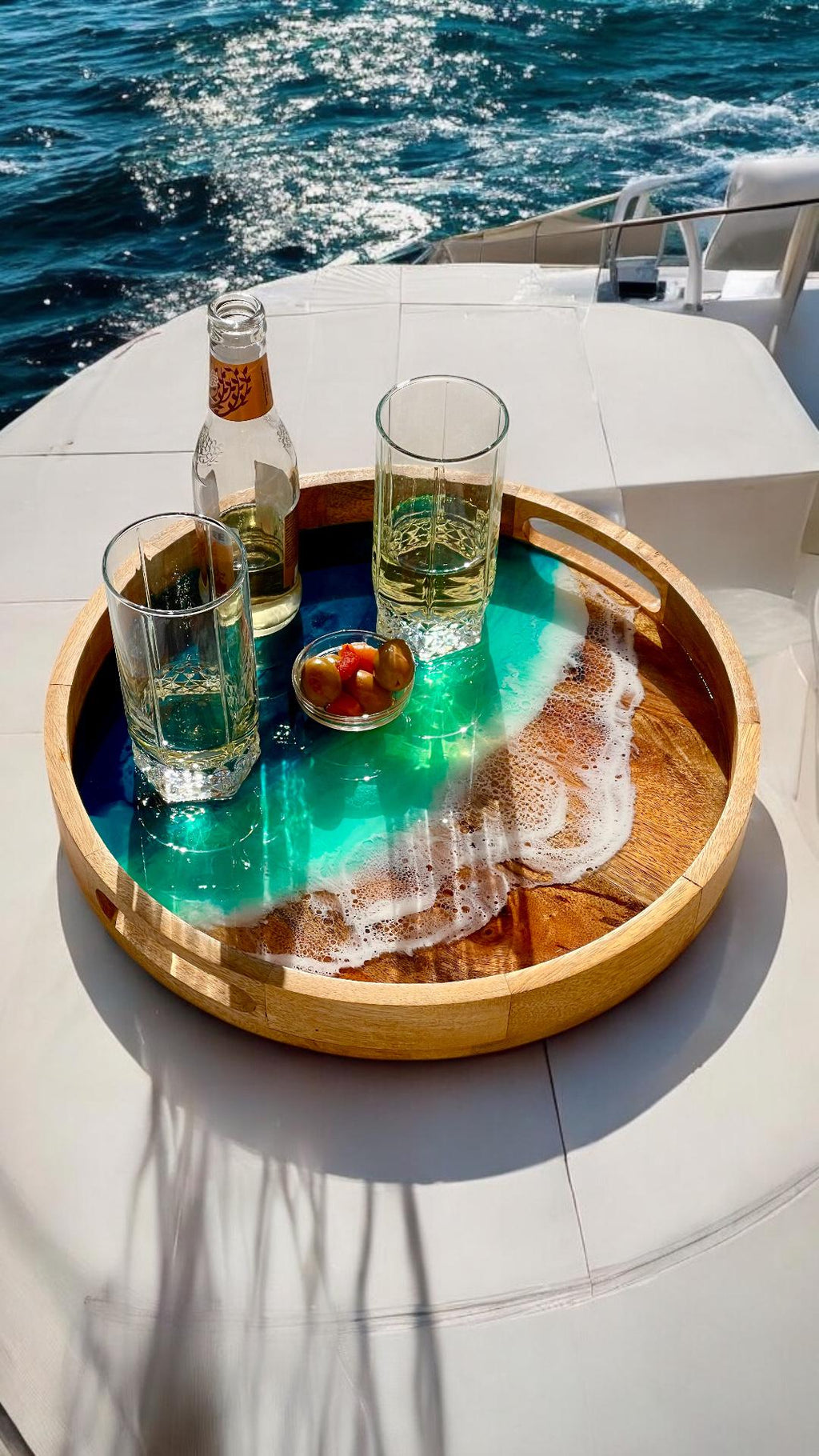 Acacia Wood Serving Tray: Resin Ocean Wave Art (30 cm)