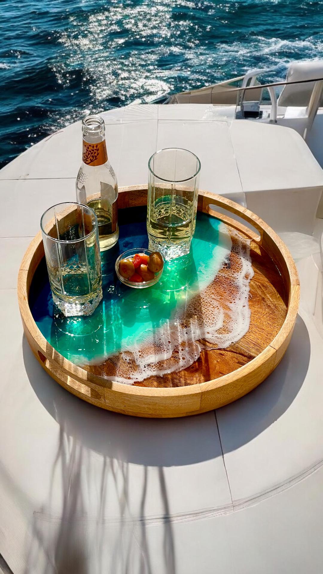 Acacia Wood Serving Tray: Resin Ocean Wave Art (30 cm)