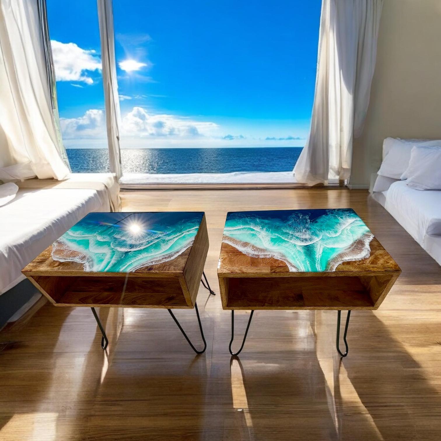Handmade Ocean Resin Bedside Table – Wooden Nightstand with Resin Top
