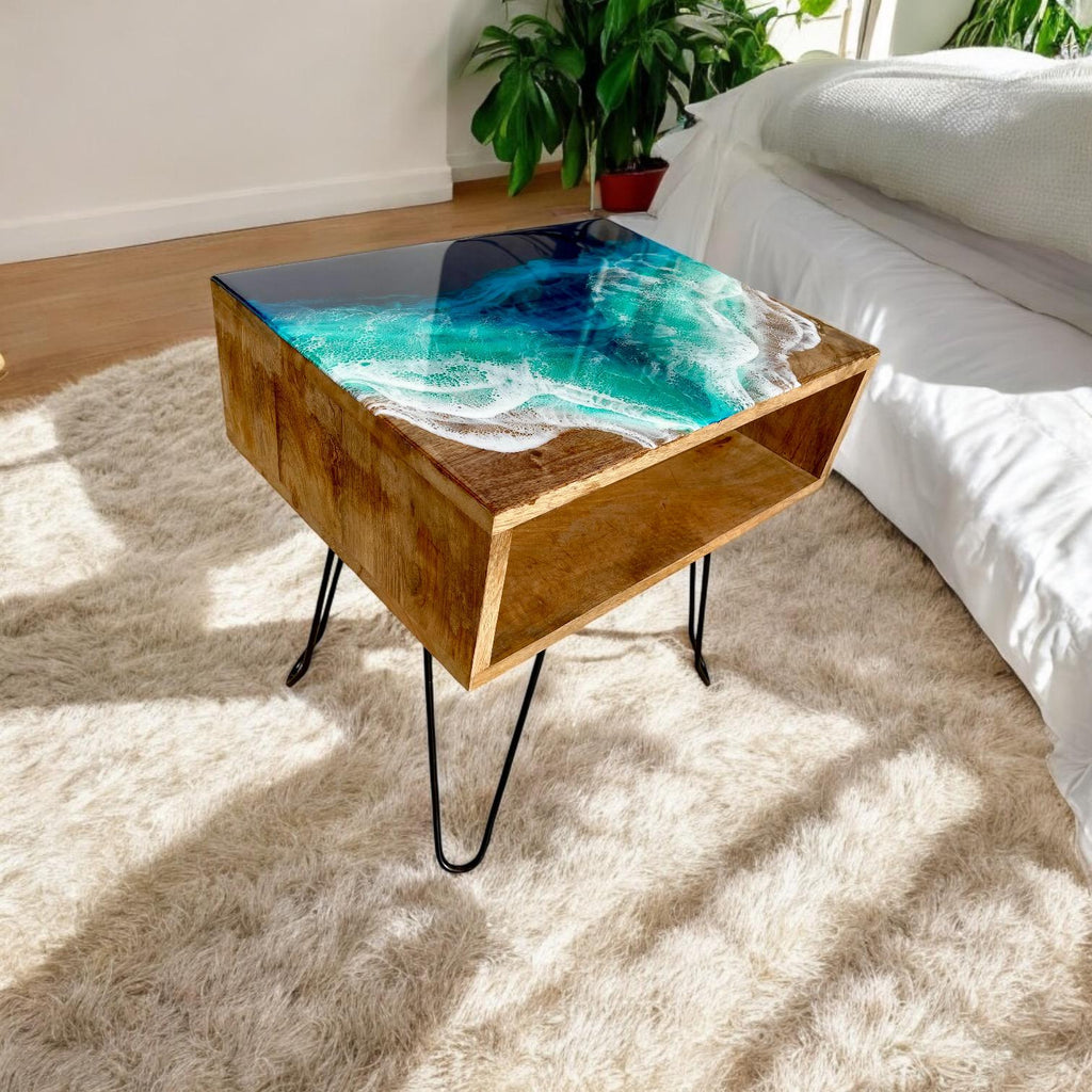 Handmade Ocean Resin Bedside Table – Wooden Nightstand with Resin Top