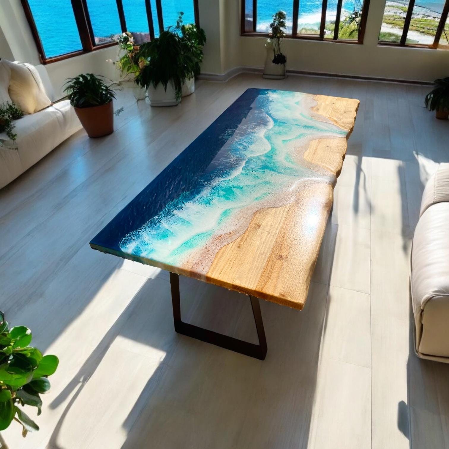 Epoxy Resin Ocean Coffee Table – Handcrafted Coastal Art Furniture (80–100 cm)