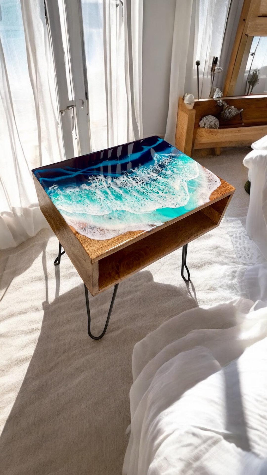 Handmade Ocean Resin Bedside Table – Wooden Nightstand with Resin Top