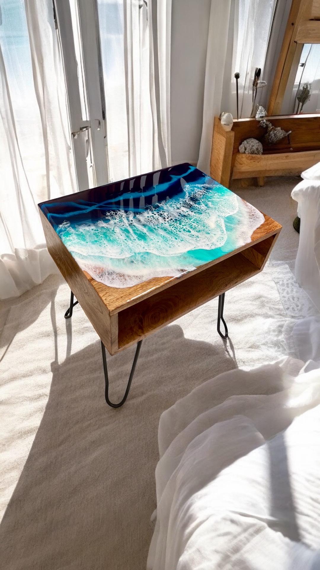 Handmade Ocean Resin Bedside Table – Wooden Nightstand with Resin Top