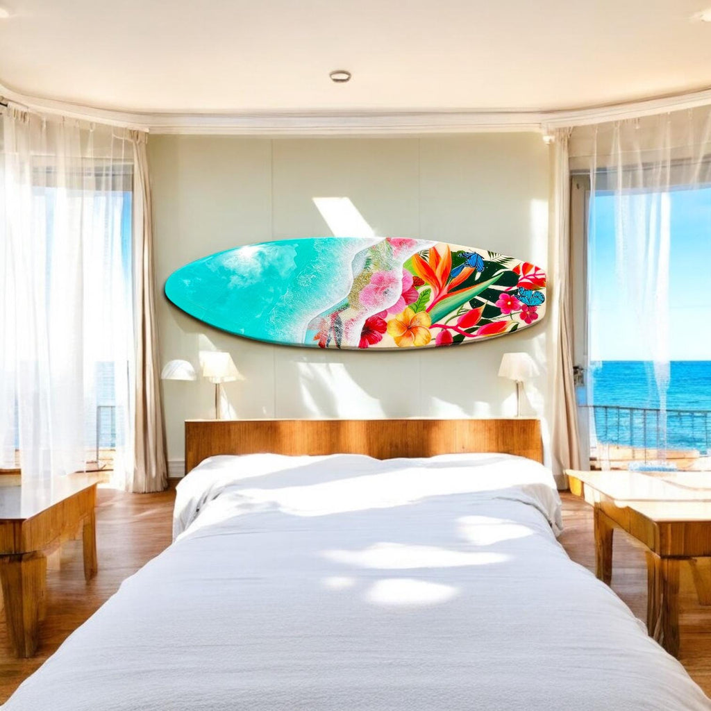 Resin Surfboard Wall Art: Tropical Flowers & Ocean Waves, 47-Inch