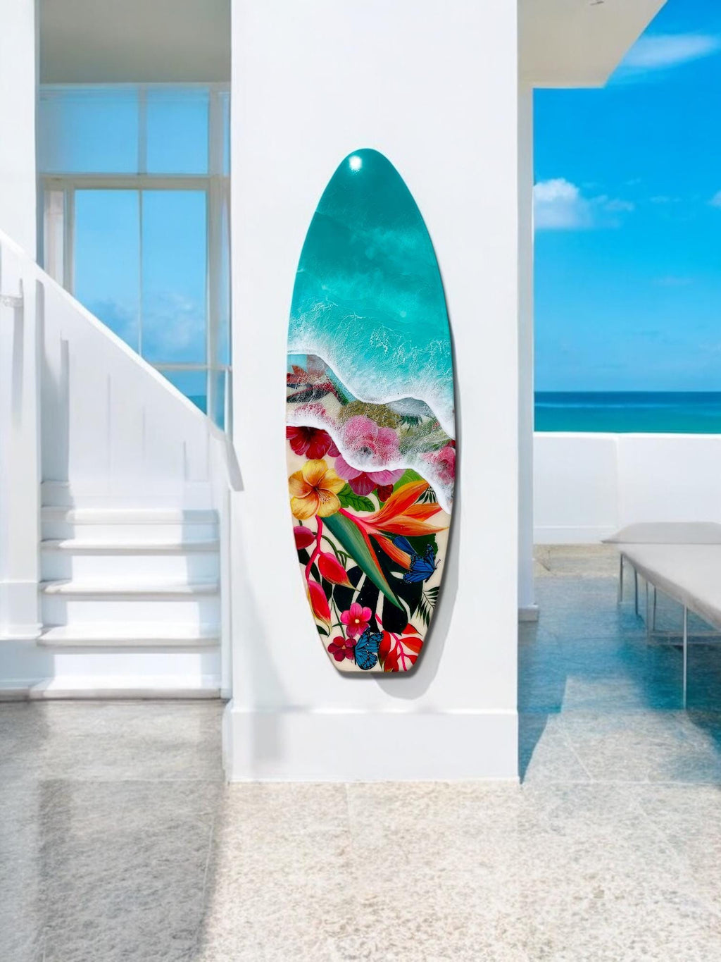 Resin Surfboard Wall Art: Tropical Flowers & Ocean Waves, 47-Inch