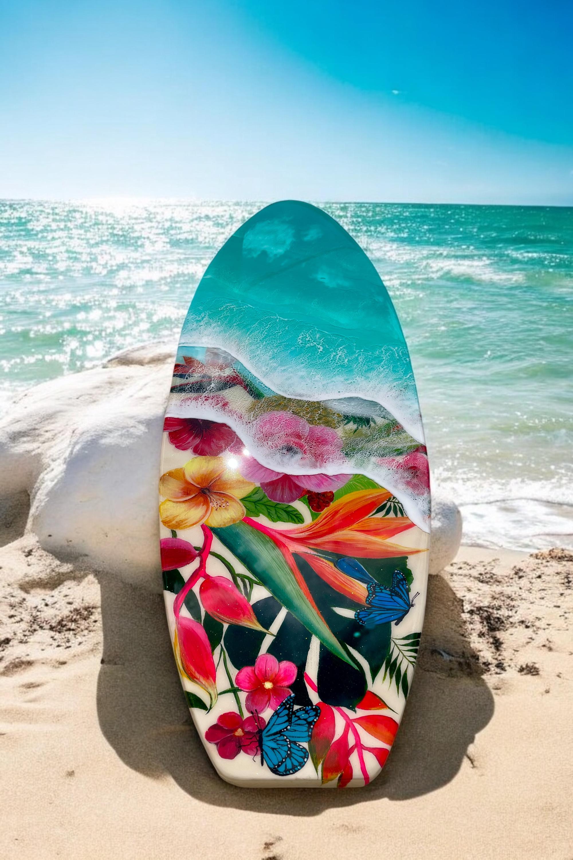 Resin Surfboard Wall Art: Tropical Flowers & Ocean Waves, 47-Inch