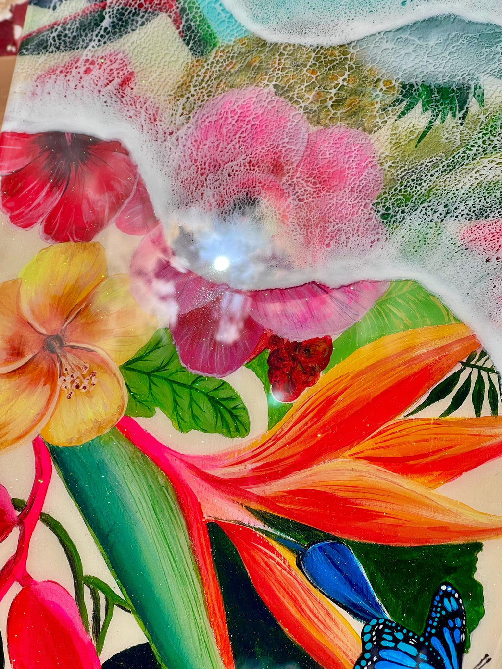 Resin Surfboard Wall Art: Tropical Flowers & Ocean Waves, 47-Inch