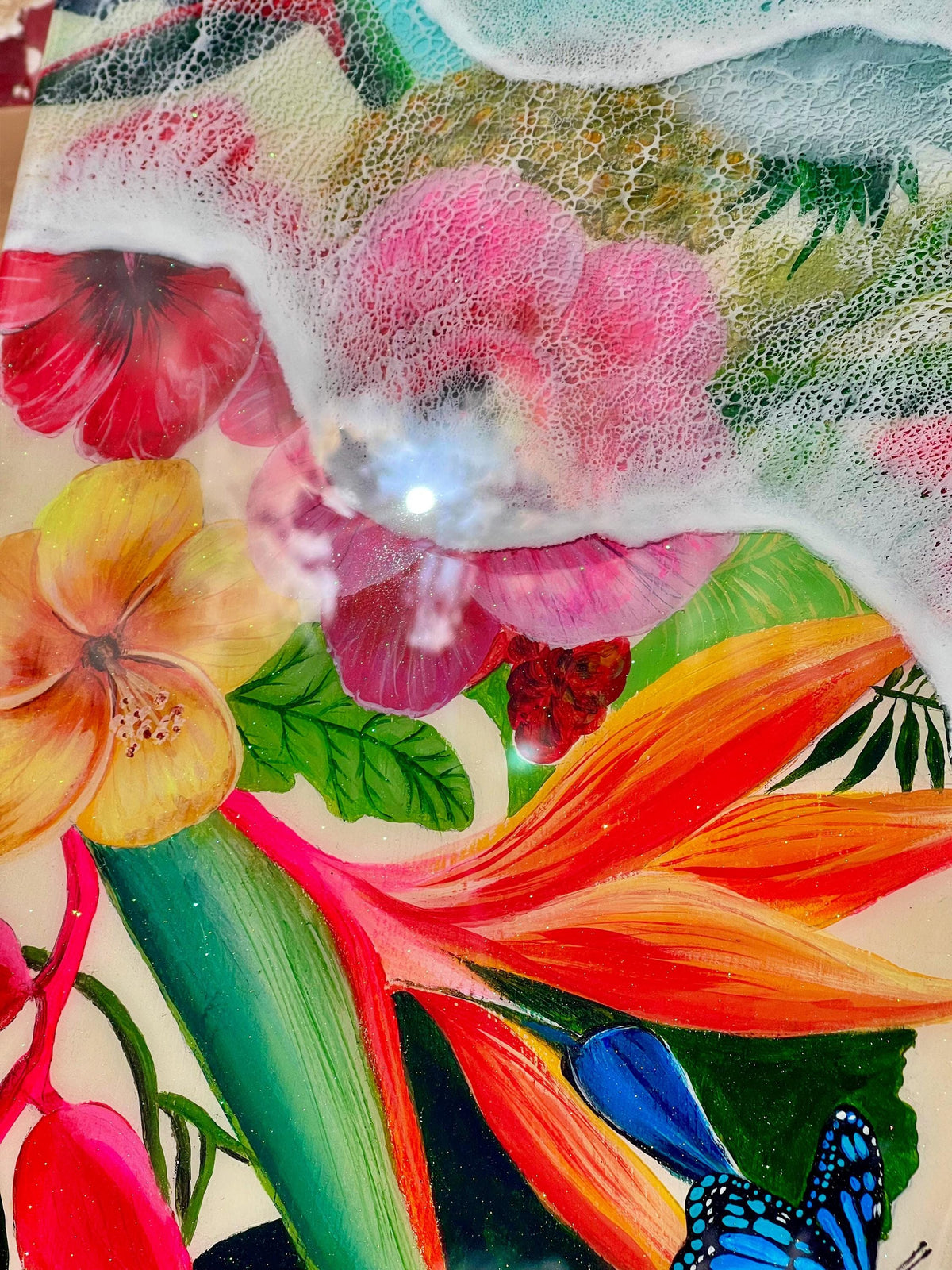 Resin Surfboard Wall Art: Tropical Flowers & Ocean Waves, 47-Inch