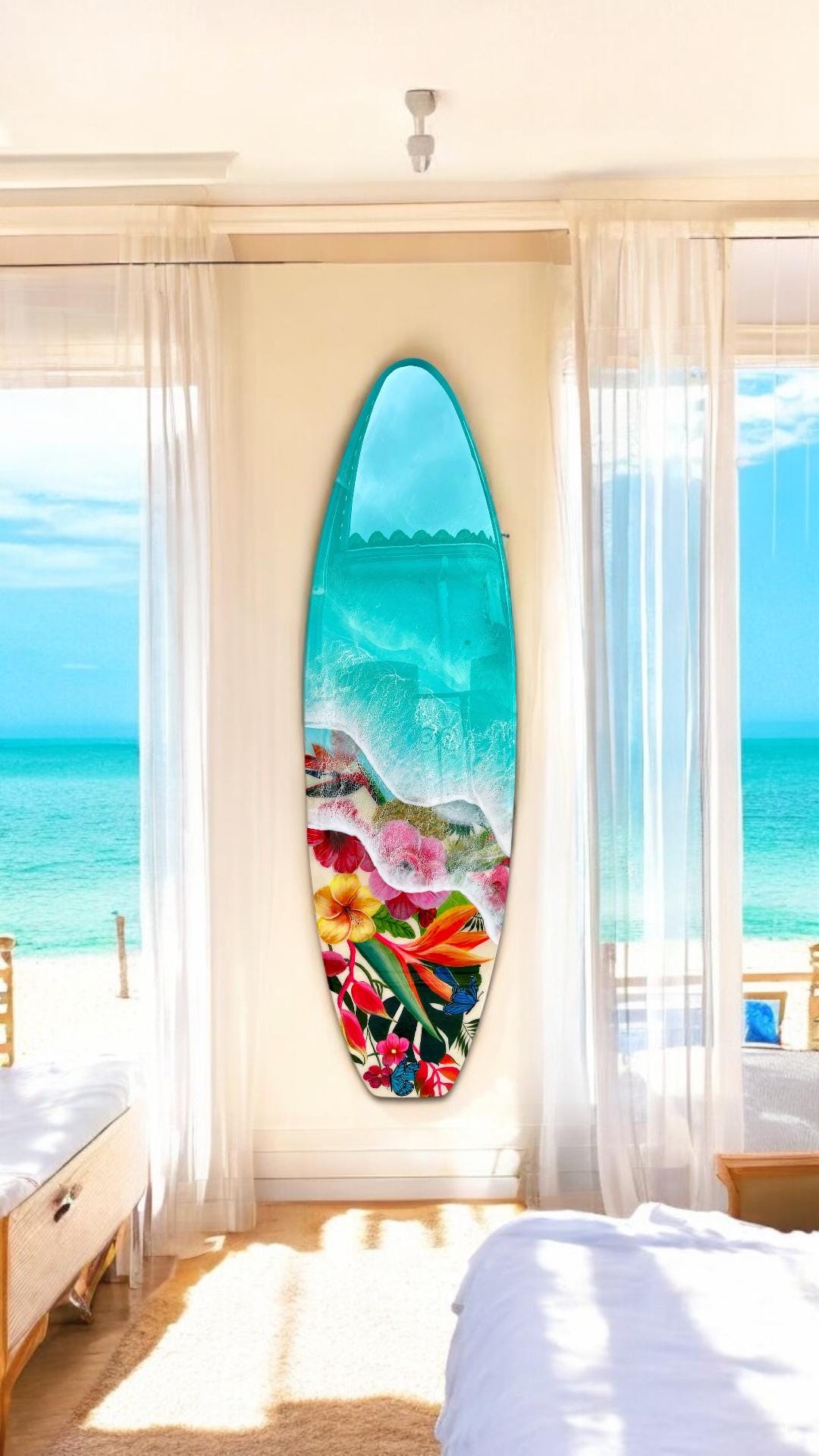 Resin Surfboard Wall Art: Tropical Flowers & Ocean Waves, 47-Inch