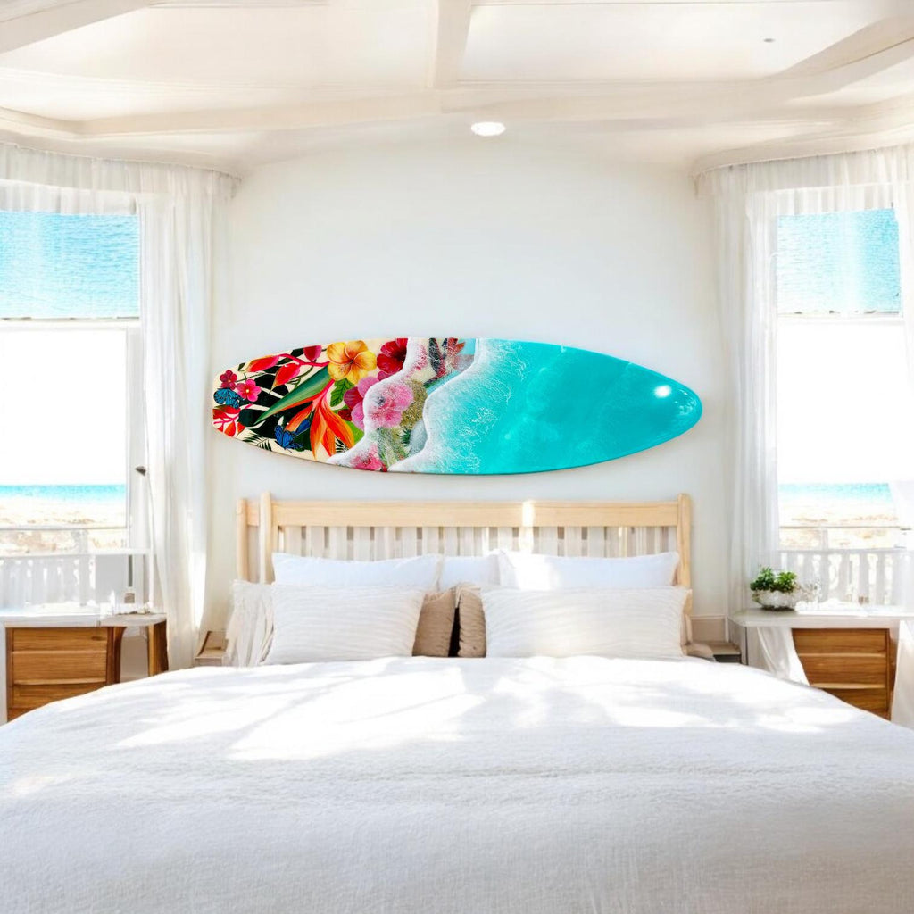 Resin Surfboard Wall Art: Tropical Flowers & Ocean Waves, 47-Inch