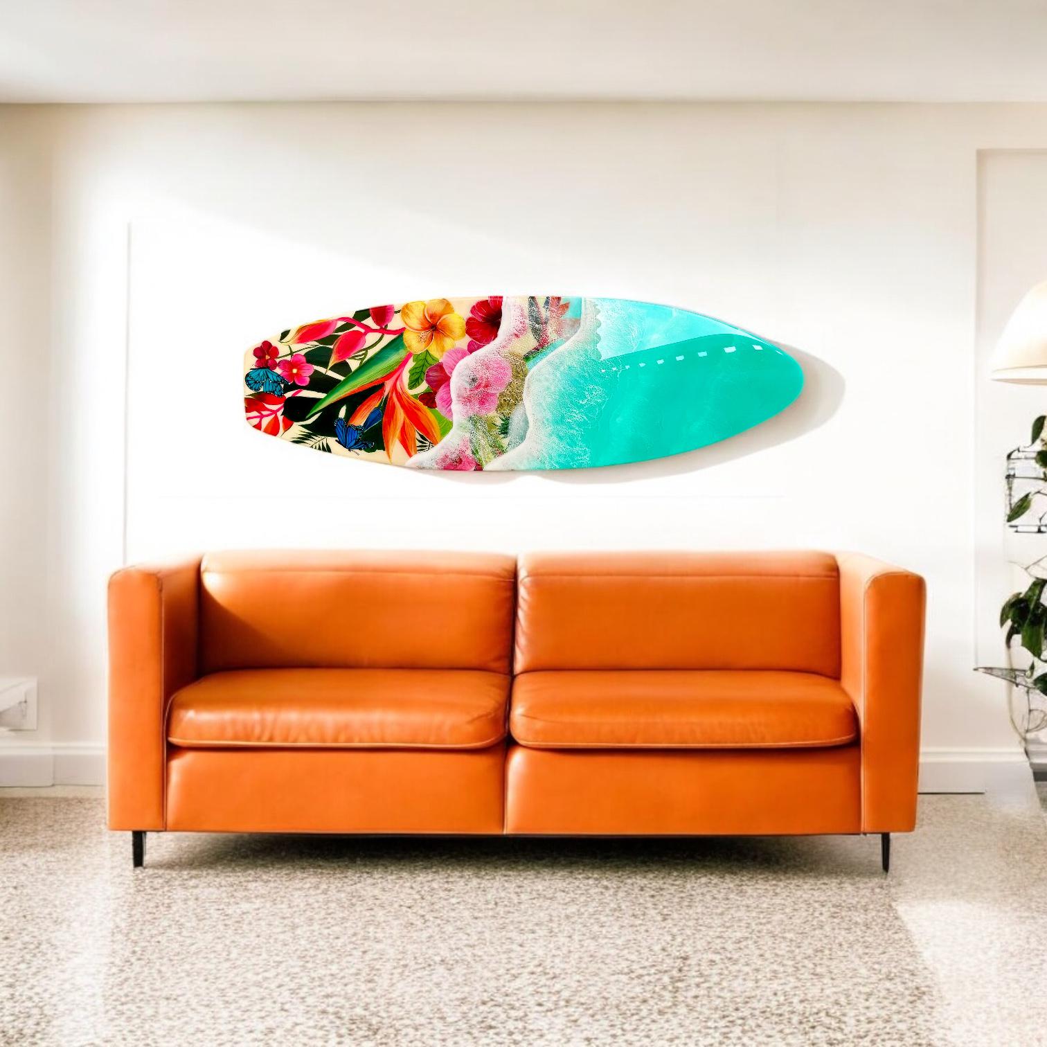 Resin Surfboard Wall Art: Tropical Flowers & Ocean Waves, 47-Inch