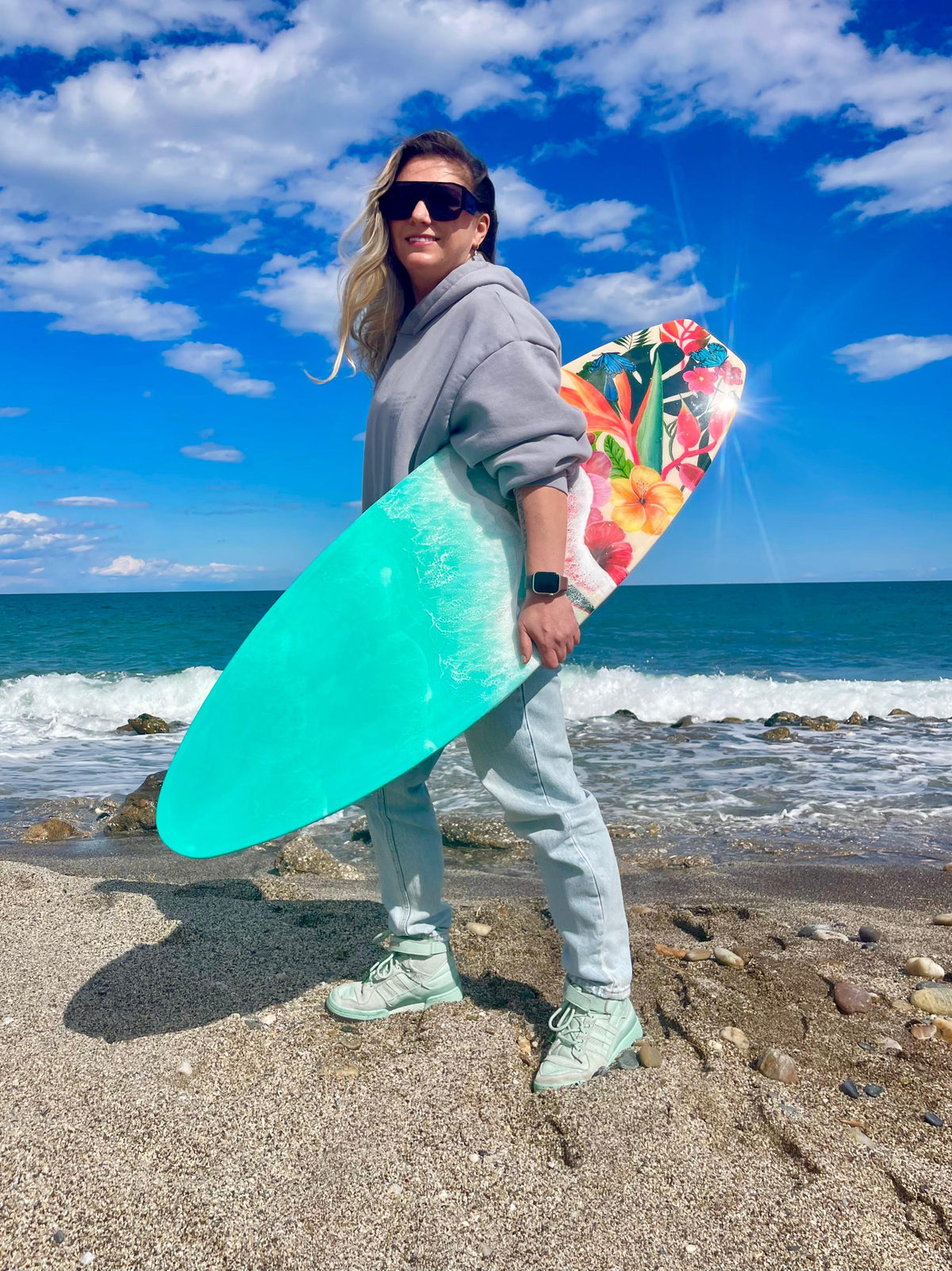 Resin Surfboard Wall Art: Tropical Flowers & Ocean Waves, 47-Inch