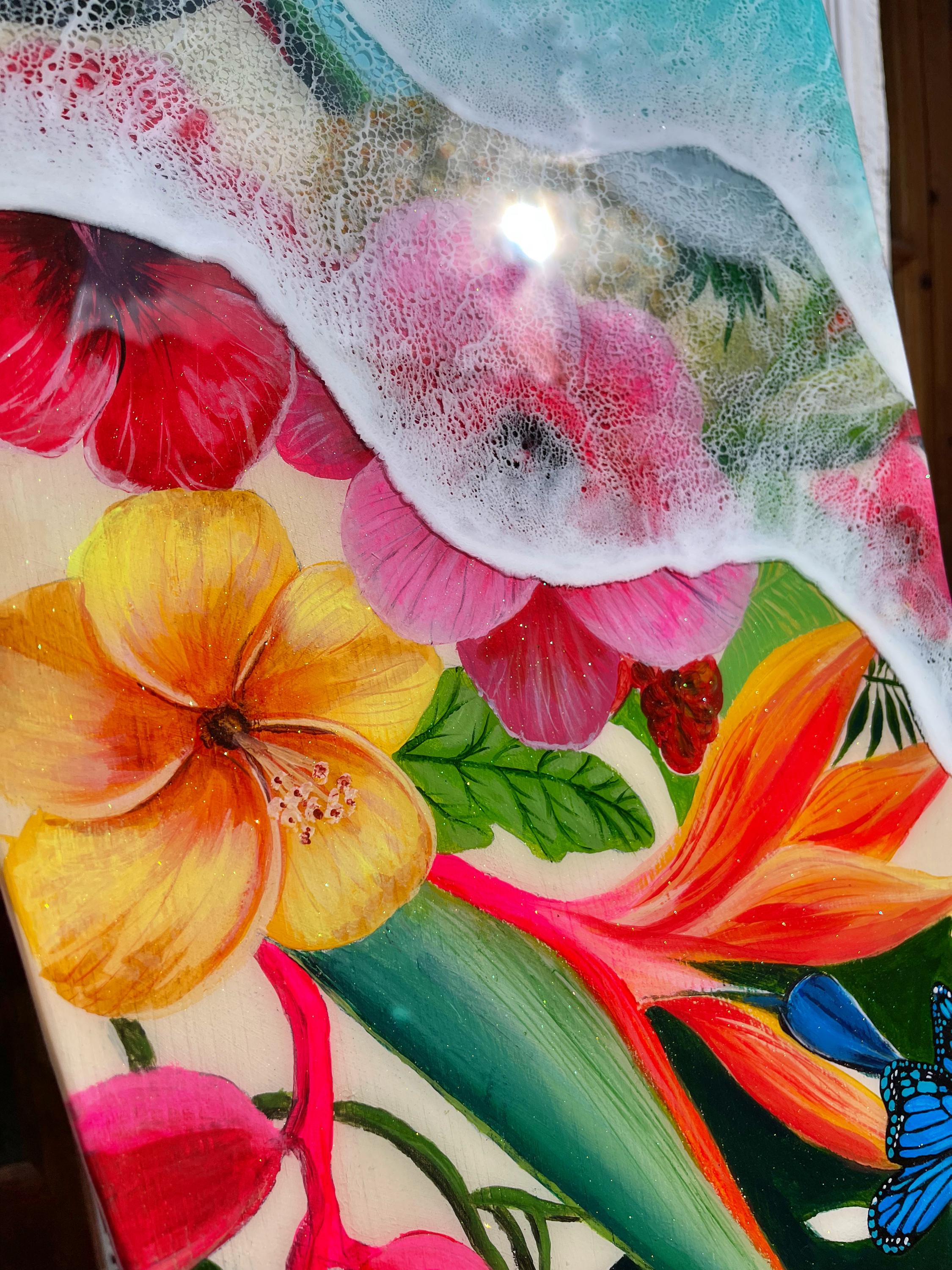 Resin Surfboard Wall Art: Tropical Flowers & Ocean Waves, 47-Inch