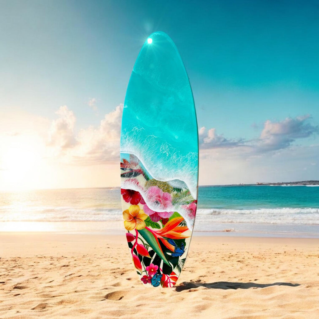 Resin Surfboard Wall Art: Tropical Flowers & Ocean Waves, 47-Inch