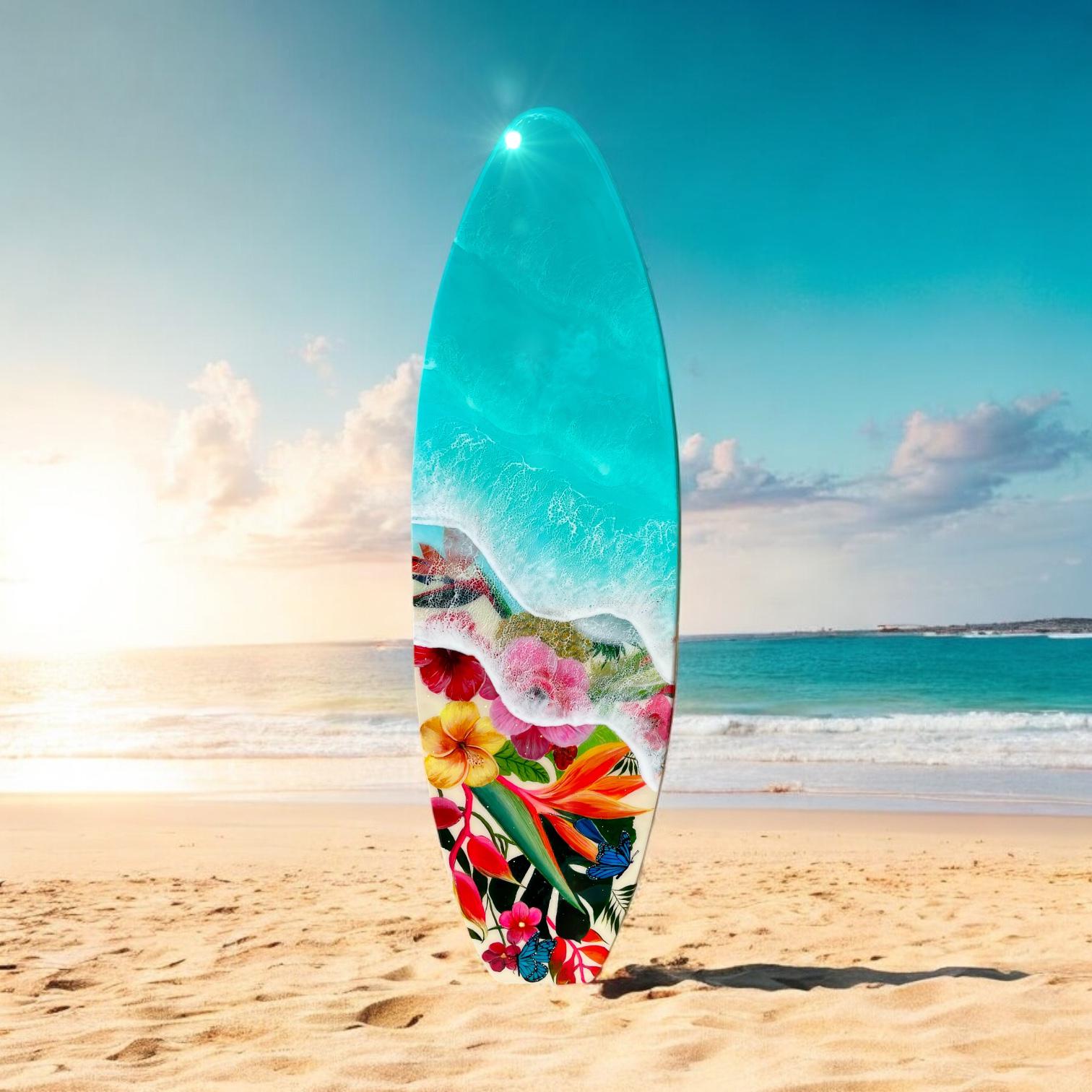 Resin Surfboard Wall Art: Tropical Flowers & Ocean Waves, 47-Inch
