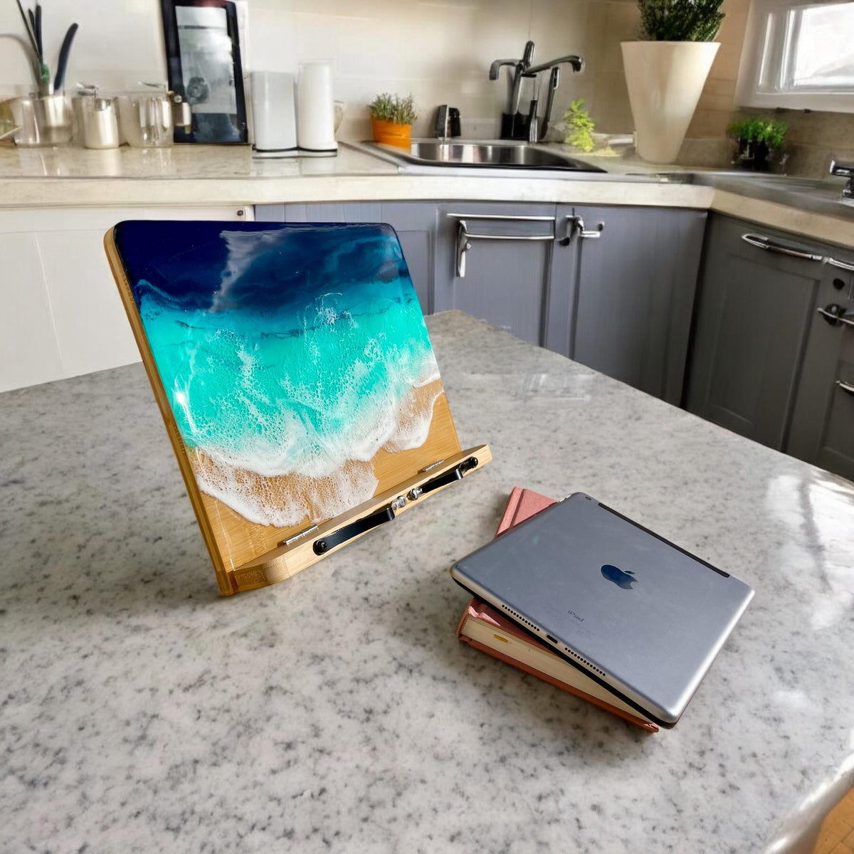 Resin Wave Cookbook Stand: Beach Coastal Decor iPad Tablet Holder