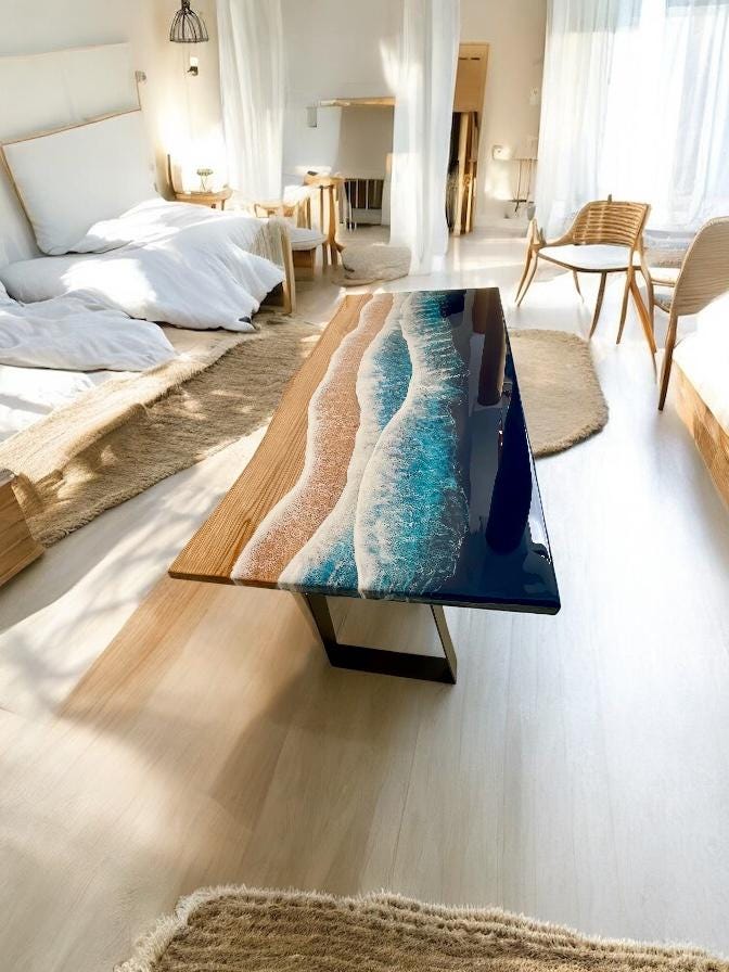 Luxury Ocean Resin Coffee Table | Handmade Solid Pine Coastal Table | Modern Beach House Furniture | Resin Art Coffee Table | 60cm & 80cm