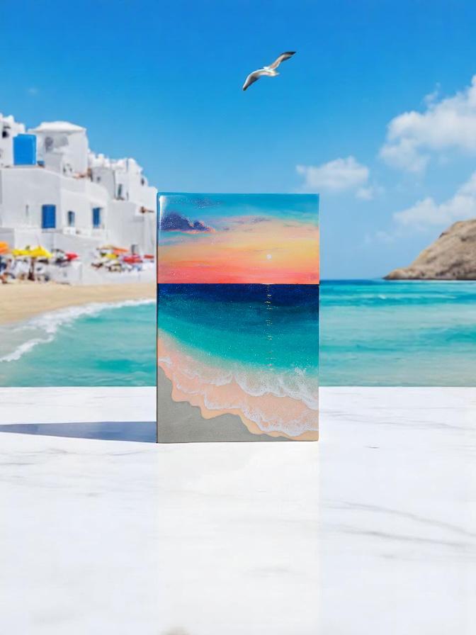 Ready to Ship Original Ocean Artwork, Resin Ocean Painting: Amber Horizon Seascape, Coastal Wall Art (60x40cm)