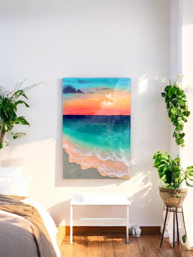 Ready to Ship Original Ocean Artwork, Resin Ocean Painting: Amber Horizon Seascape, Coastal Wall Art (60x40cm)