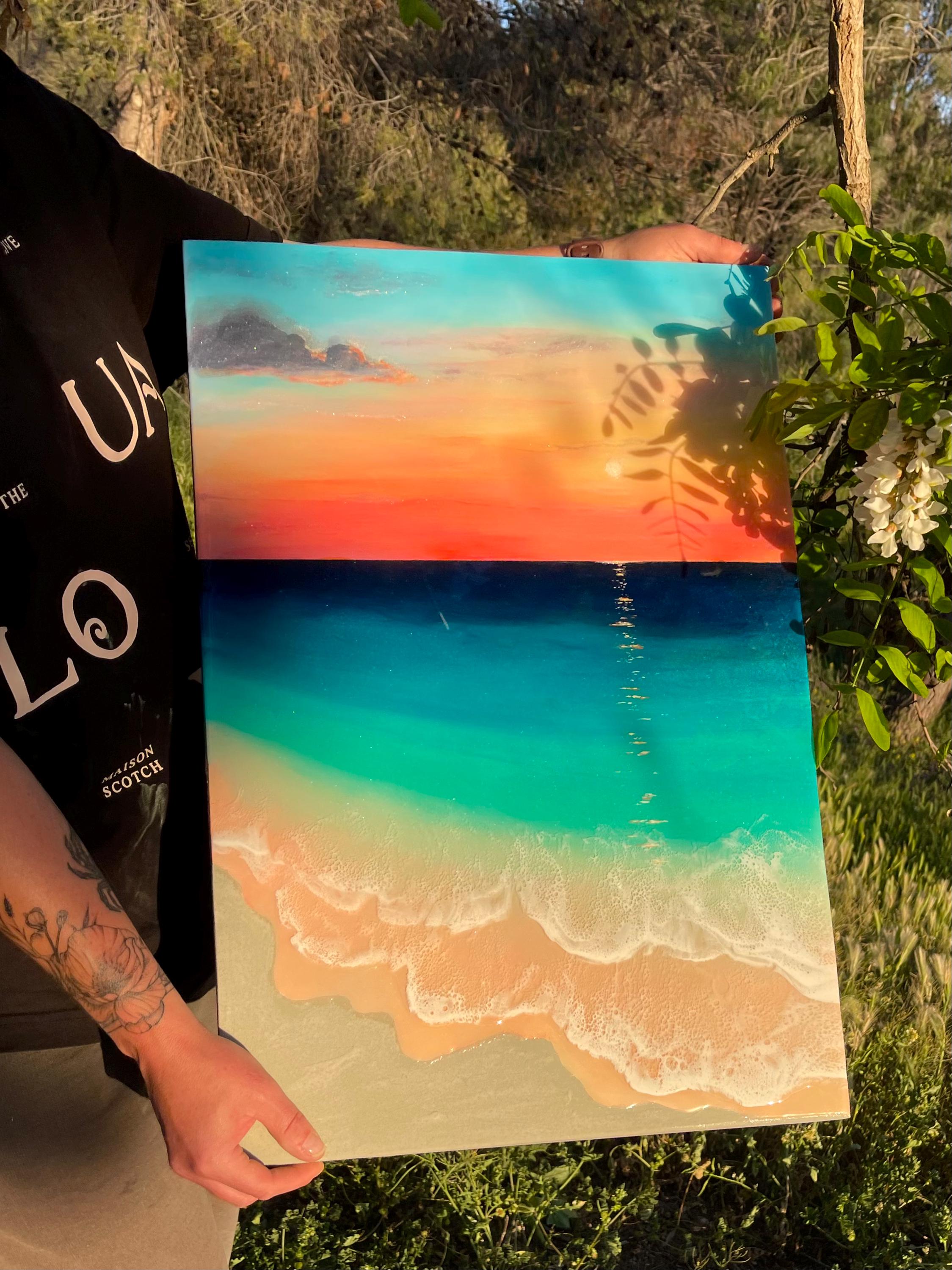 Ready to Ship Original Ocean Artwork, Resin Ocean Painting: Amber Horizon Seascape, Coastal Wall Art (60x40cm)