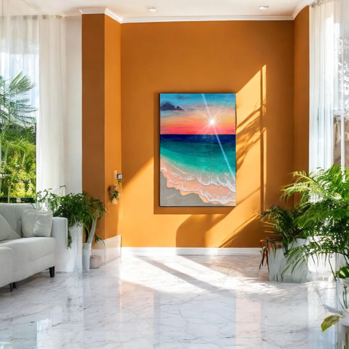 Ready to Ship Original Ocean Artwork, Resin Ocean Painting: Amber Horizon Seascape, Coastal Wall Art (60x40cm)