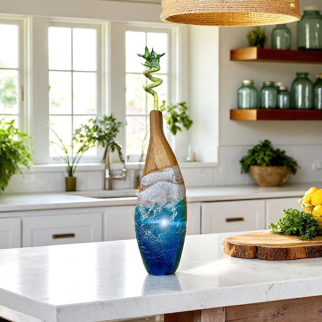 Wooden Vase with Resin Ocean Wave – Handmade Coastal Home Decor