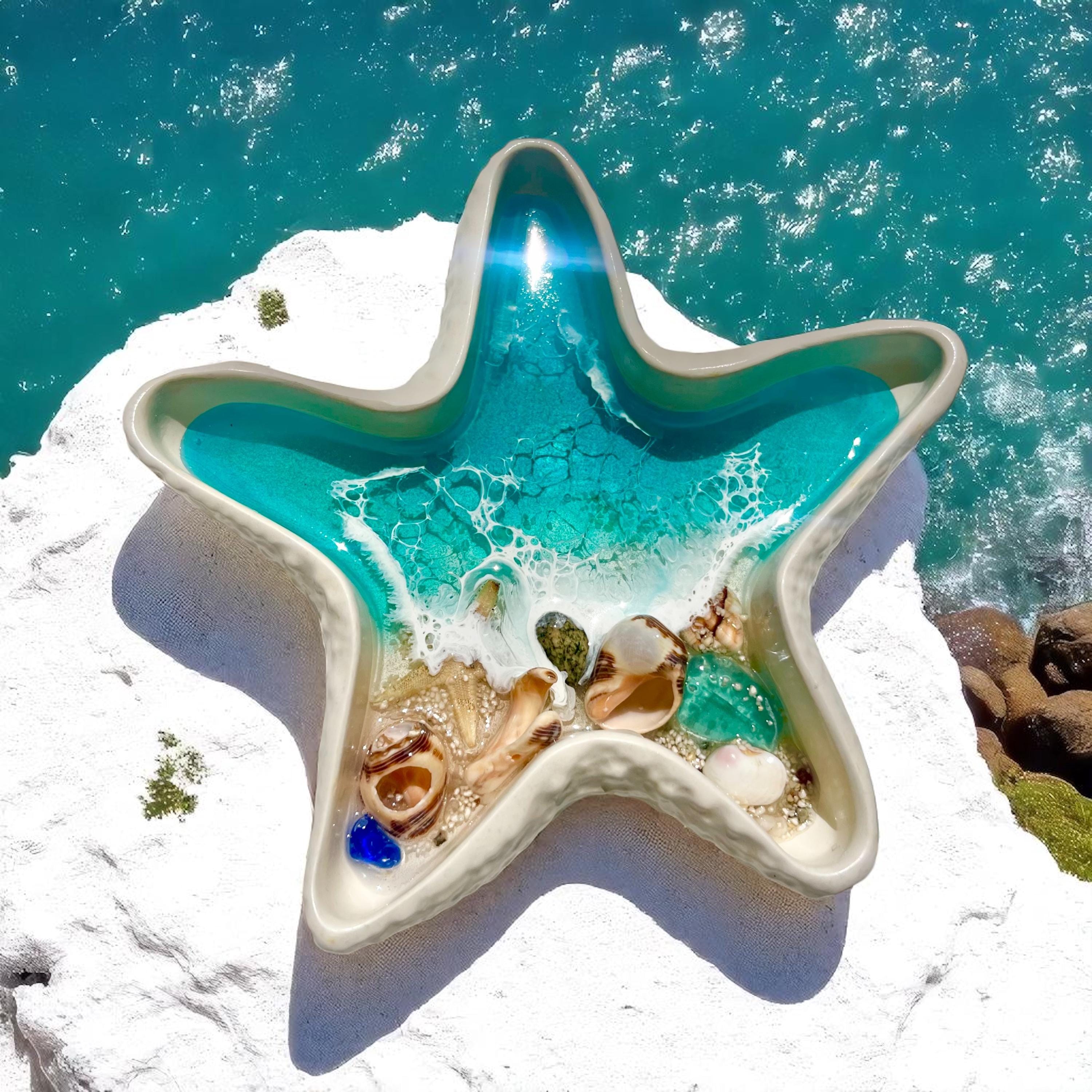 Ocean Resin Starfish Dish – Beach Decor with Real Shells & Sand